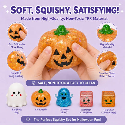 5 PCS Halloween Squishy Fun Box Sensory Toys, Slow Rising Ghost & Malt Sugar Texture Glitter Pumpkin Squishies, Soft Stretchy Squeeze Fidget Toys for Stress Relief, Halloween Gifts & Goodie Bag Stuffers, Kids Adults Trick or Treat Party Favors Backtoschoo