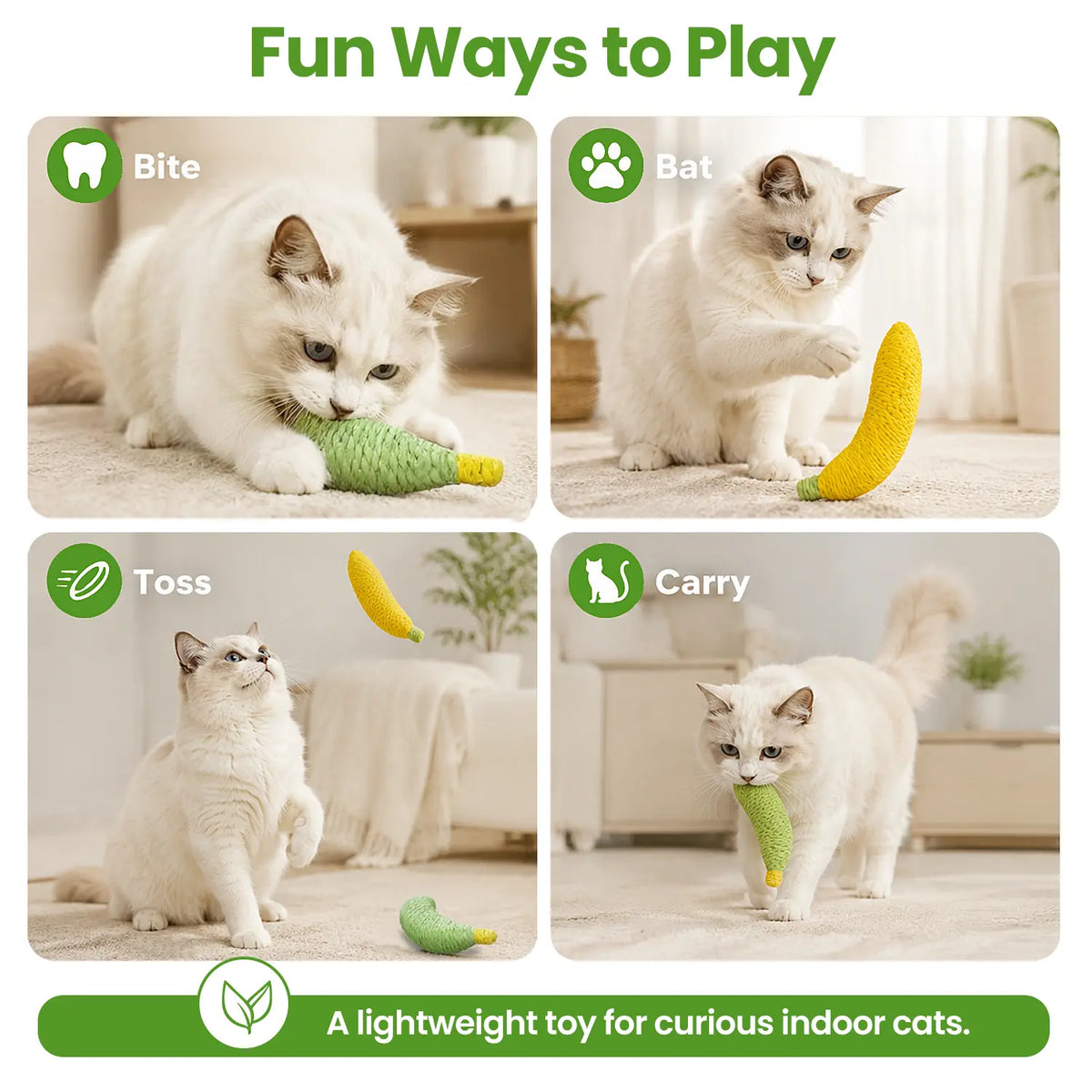 Sisal Fruit Interactive Cat Chewing Toy - 40G, Compact, Carryable, Cute Banana Design, Textured for Biting, Batting, Scratching, Indoor Play (Yellow/Green)