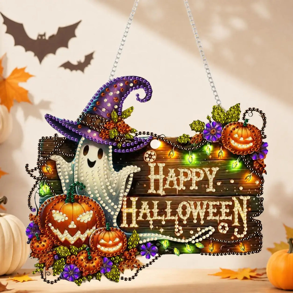 9.8In Shiny Acrylic Safe Diamond Art Hanging Suncatcher Kit - Witch, Black Cat, Ghost Reading, Pumpkin Designs - DIY Rhinestone Ornament, Wall, Outdoor Indoor Decorative, Cute Halloween Stuff, Ghost Decor Gift for Kids