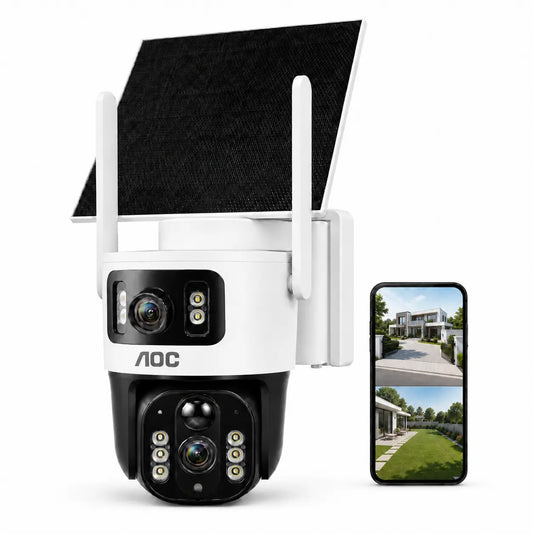 AOC 4G LTE Solar Outdoor Digital Security Camera - Dual-Lens Dual-View, AI Auto Tracking, Color Night Vision, 2-Way Audio, IP65, 10400Mah Charging, No Wifi Needed, Recording Protection Device for Home, 7-Day Free Trial Then 4G Plan Required