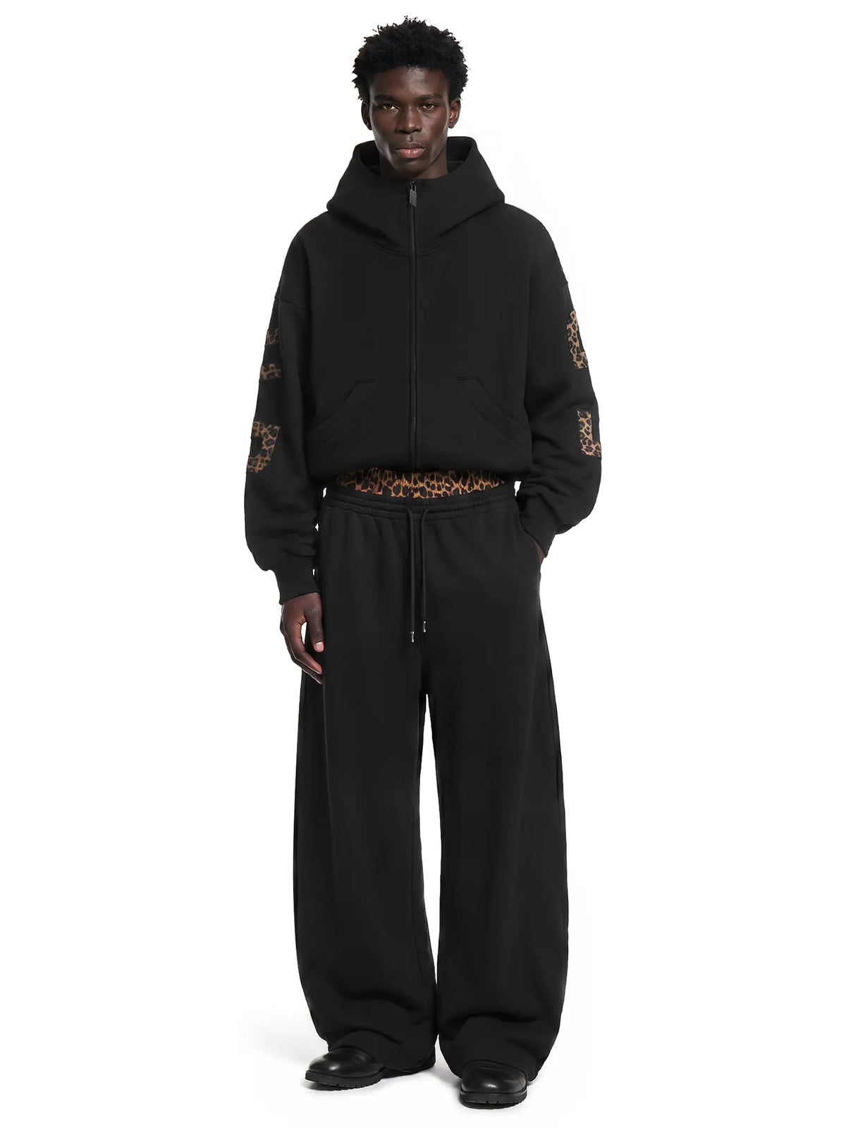 FDR Applique Letter Stand Collar Zip up Jacket & Leopard Panel Faux Two Piece Barrel Sweatpants Set Oversized Y2K Streetwear Unisex