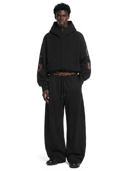 FDR Applique Letter Stand Collar Zip up Jacket & Leopard Panel Faux Two Piece Barrel Sweatpants Set Oversized Y2K Streetwear Unisex