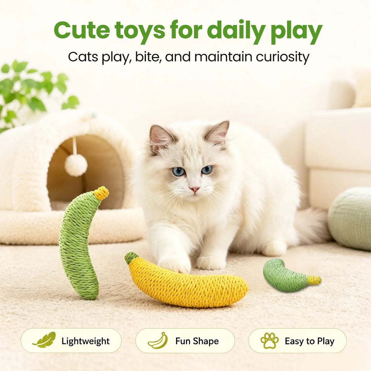 Sisal Fruit Interactive Cat Chewing Toy - 40G, Compact, Carryable, Cute Banana Design, Textured for Biting, Batting, Scratching, Indoor Play (Yellow/Green)