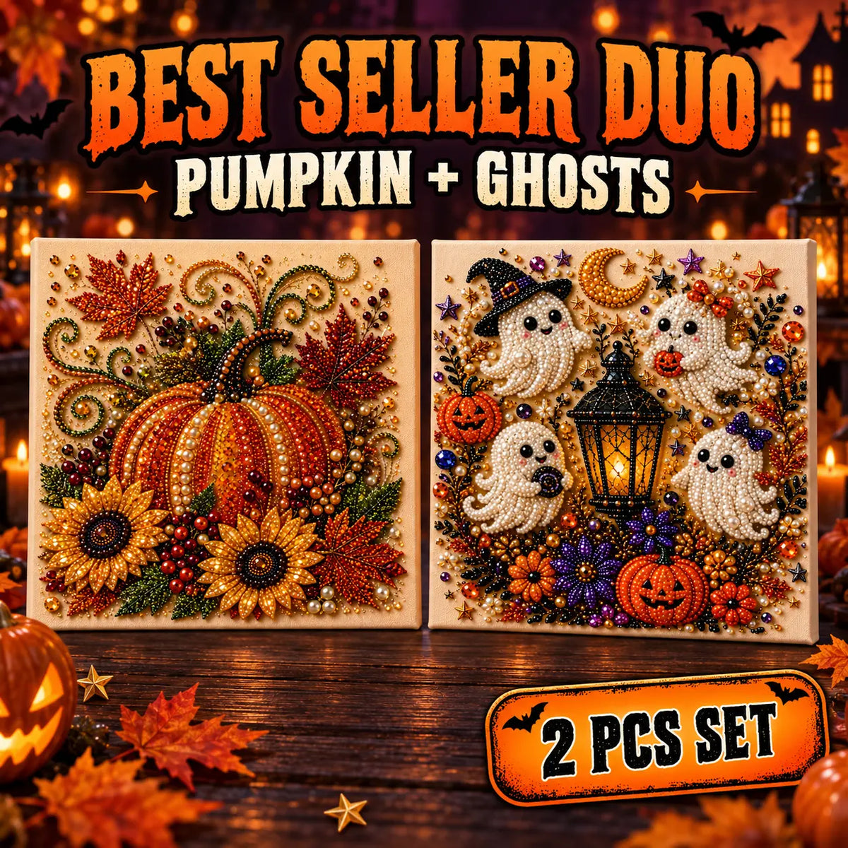 Halloween Diamond Painting Kit for Adults and Teens, 5D DIY Full Drill Diamond Art Craft with Canvas and Tools, Pumpkin Ghost Witch and Cat Halloween Wall Decor, Beginner-Friendly Gift, 8 X 8 Inch