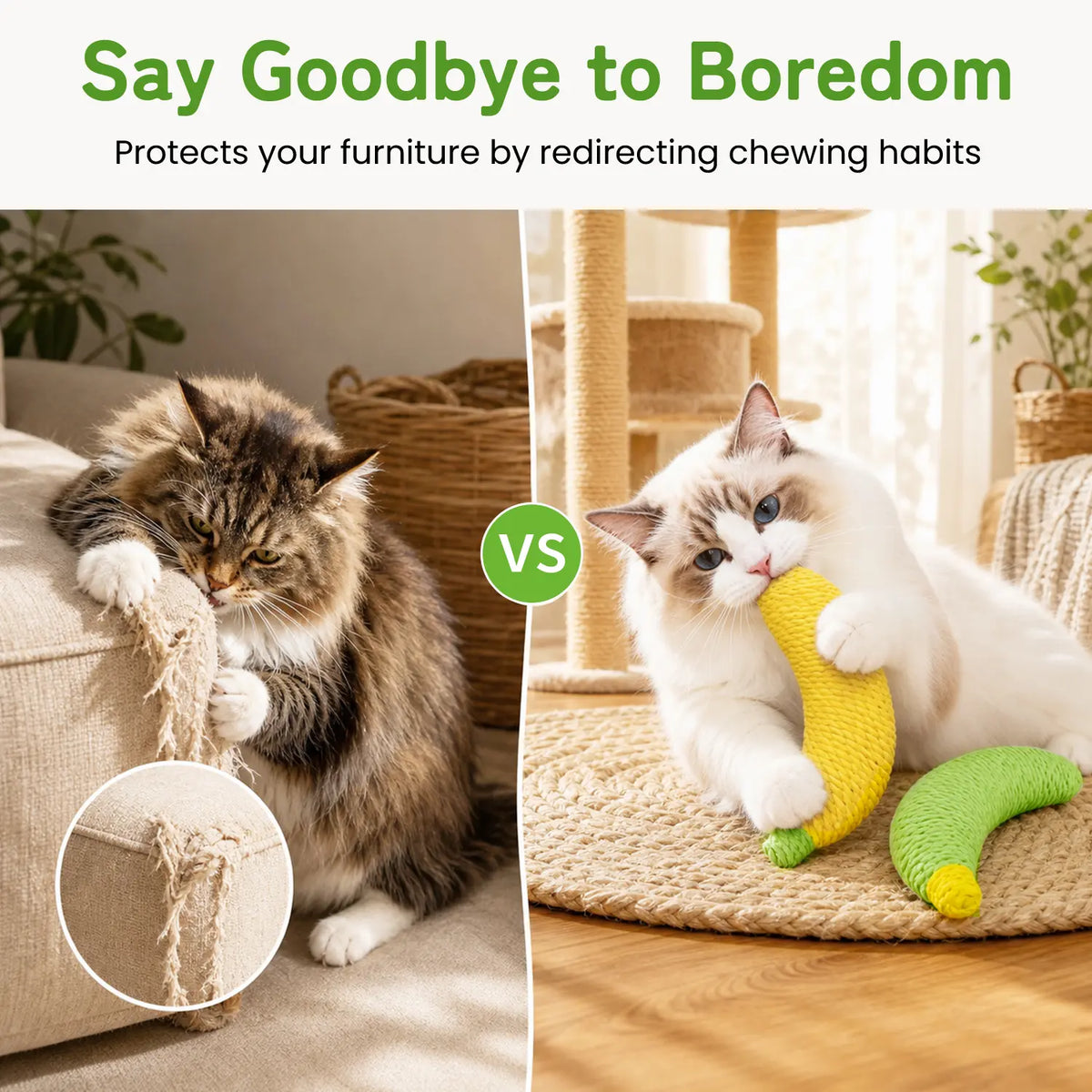 Sisal Fruit Interactive Cat Chewing Toy - 40G, Compact, Carryable, Cute Banana Design, Textured for Biting, Batting, Scratching, Indoor Play (Yellow/Green)