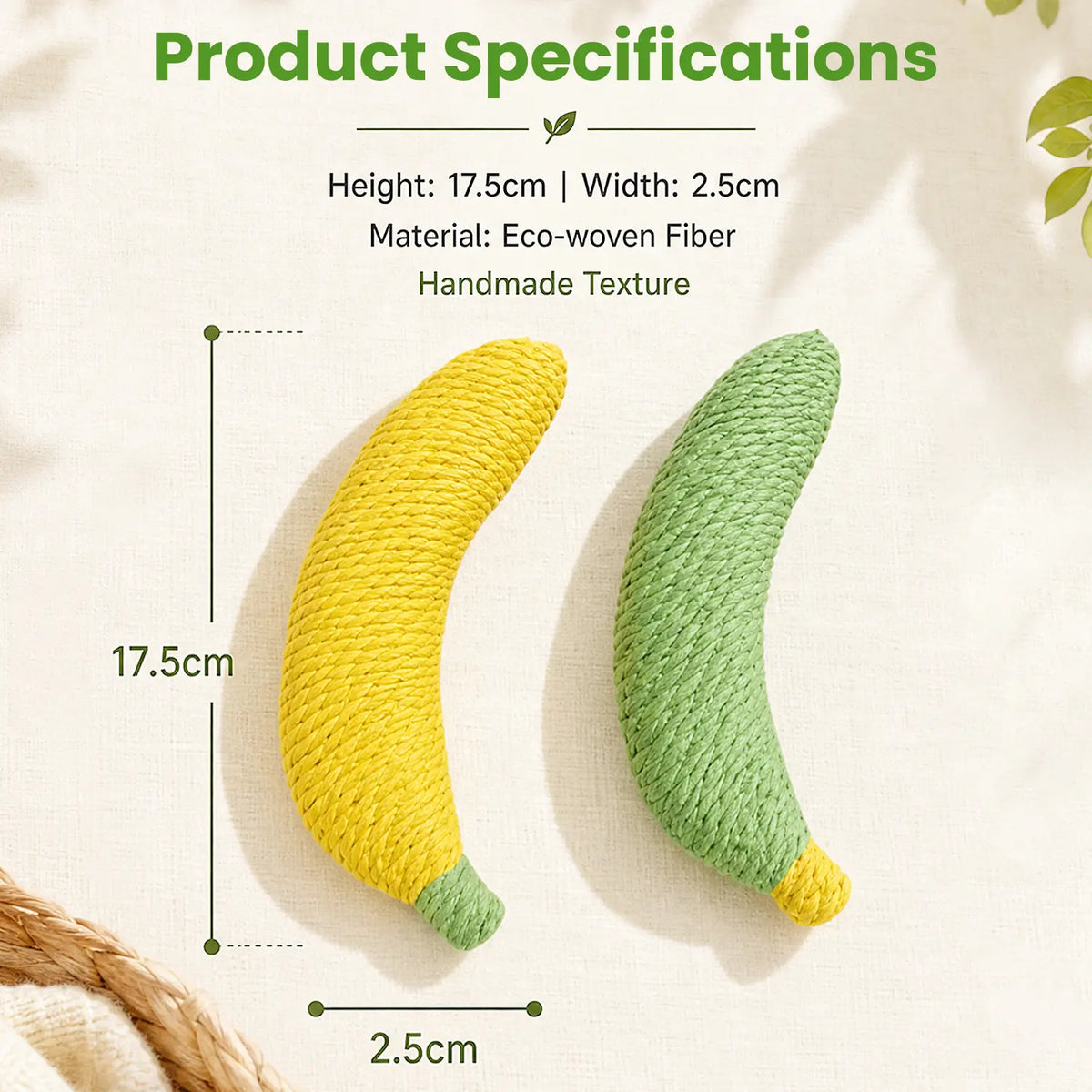 Sisal Fruit Interactive Cat Chewing Toy - 40G, Compact, Carryable, Cute Banana Design, Textured for Biting, Batting, Scratching, Indoor Play (Yellow/Green)