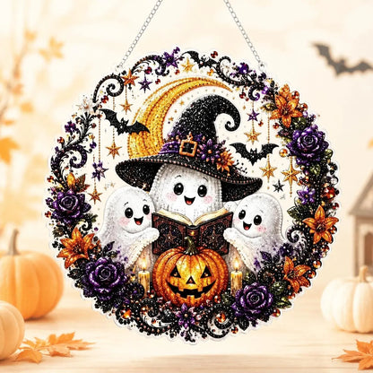 9.8In Shiny Acrylic Safe Diamond Art Hanging Suncatcher Kit - Witch, Black Cat, Ghost Reading, Pumpkin Designs - DIY Rhinestone Ornament, Wall, Outdoor Indoor Decorative, Cute Halloween Stuff, Ghost Decor Gift for Kids