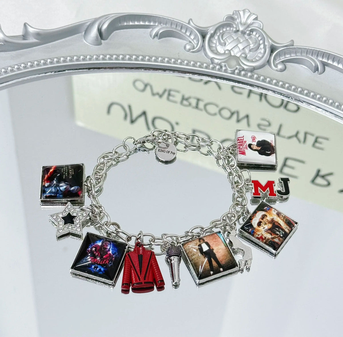 Music Inspired Michael Jackson Charm Bracelet, Vintage Link Chain Bracelet with Microphone, Jacket & Album Charms, Unisex Fan Gift, Back to School Jewelry Gift Fashion Woman