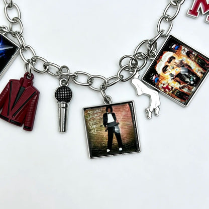 Music Inspired Michael Jackson Charm Bracelet, Vintage Link Chain Bracelet with Microphone, Jacket & Album Charms, Unisex Fan Gift, Back to School Jewelry Gift Fashion Woman