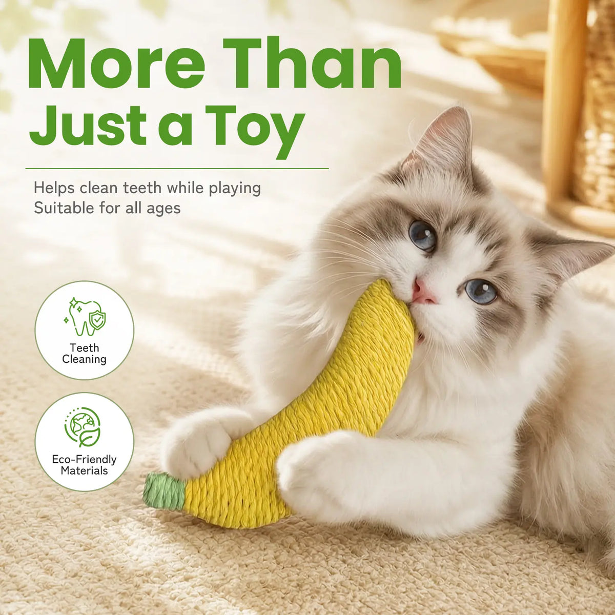 Sisal Fruit Interactive Cat Chewing Toy - 40G, Compact, Carryable, Cute Banana Design, Textured for Biting, Batting, Scratching, Indoor Play (Yellow/Green)