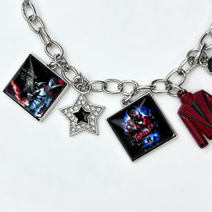 Music Inspired Michael Jackson Charm Bracelet, Vintage Link Chain Bracelet with Microphone, Jacket & Album Charms, Unisex Fan Gift, Back to School Jewelry Gift Fashion Woman