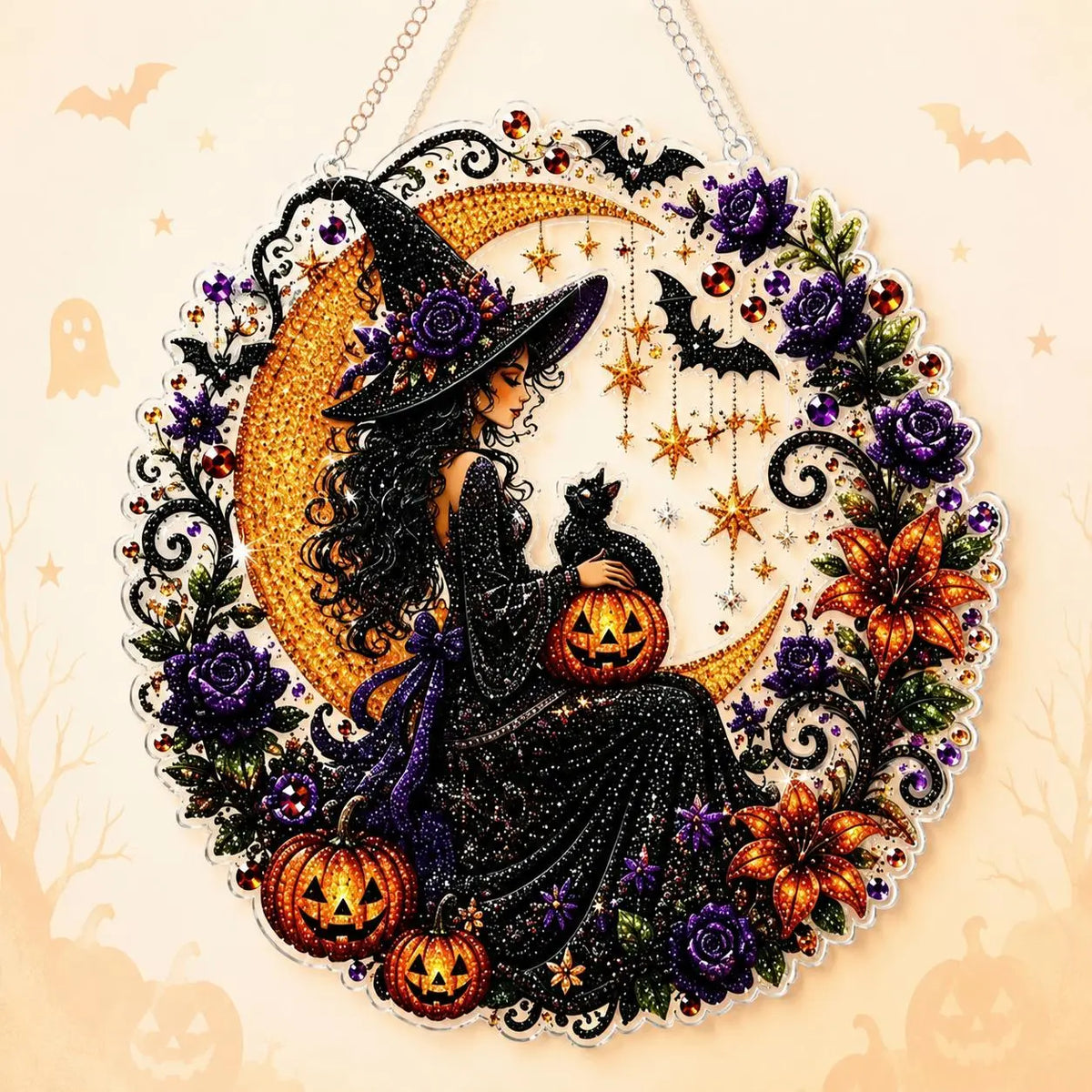 9.8In Shiny Acrylic Safe Diamond Art Hanging Suncatcher Kit - Witch, Black Cat, Ghost Reading, Pumpkin Designs - DIY Rhinestone Ornament, Wall, Outdoor Indoor Decorative, Cute Halloween Stuff, Ghost Decor Gift for Kids