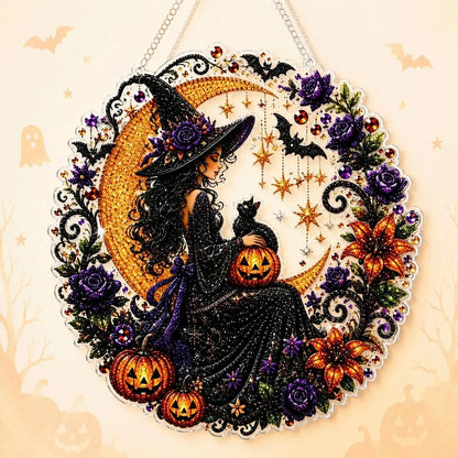 9.8In Shiny Acrylic Safe Diamond Art Hanging Suncatcher Kit - Witch, Black Cat, Ghost Reading, Pumpkin Designs - DIY Rhinestone Ornament, Wall, Outdoor Indoor Decorative, Cute Halloween Stuff, Ghost Decor Gift for Kids