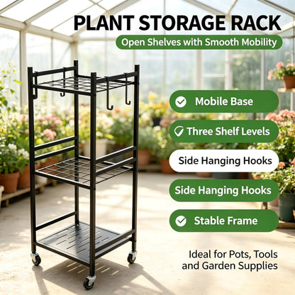 Black Outdoor Storage Cart Organizer - Sturdy Metal Steel Frame Garden Organizer Rack Shelf, Functional Single Unit with 4 Hooks, Holds up to 35 Long-Handled Tools for Yd/Garage, Complements Outdoor Spaces, Portable Adjustable Metal Racks Plant