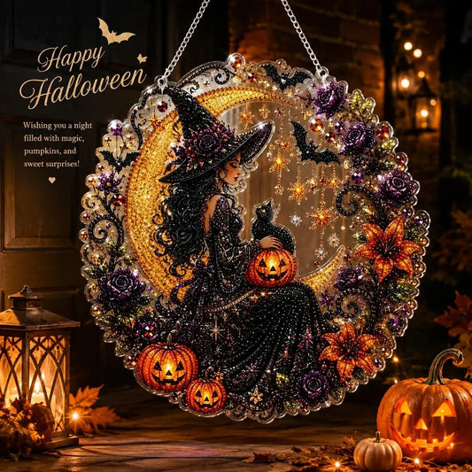 9.8In Shiny Acrylic Safe Diamond Art Hanging Suncatcher Kit - Witch, Black Cat, Ghost Reading, Pumpkin Designs - DIY Rhinestone Ornament, Wall, Outdoor Indoor Decorative, Cute Halloween Stuff, Ghost Decor Gift for Kids