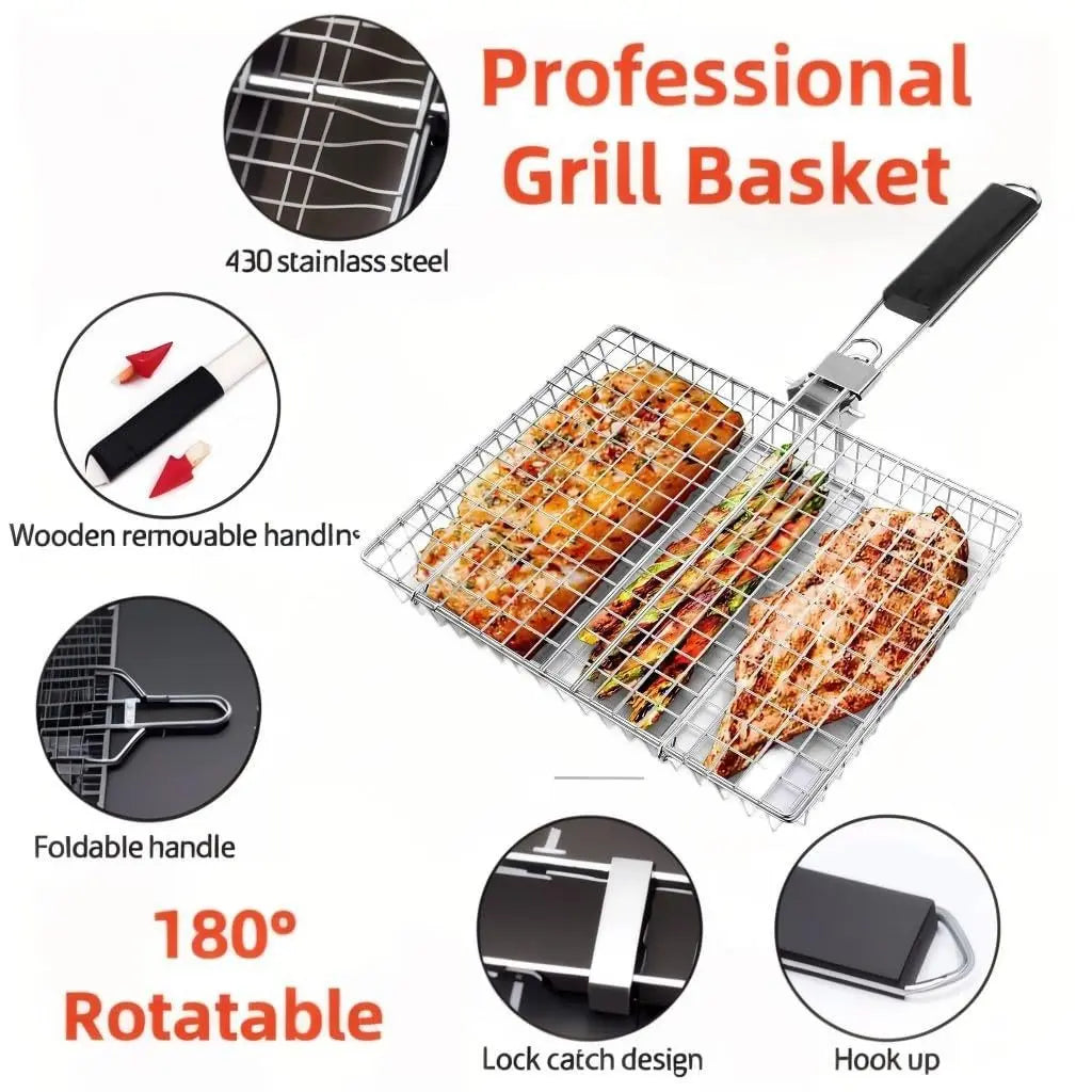 Rectangular Carbon Steel Outdoor BBQ Grill Net - Single Roomier Sheet Grid Rack with Handle, Thick Durable Barbecue Utensils for Home & Festive Supplies, Sohochic