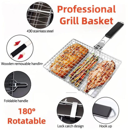 Rectangular Carbon Steel Outdoor BBQ Grill Net - Single Roomier Sheet Grid Rack with Handle, Thick Durable Barbecue Utensils for Home & Festive Supplies, Sohochic