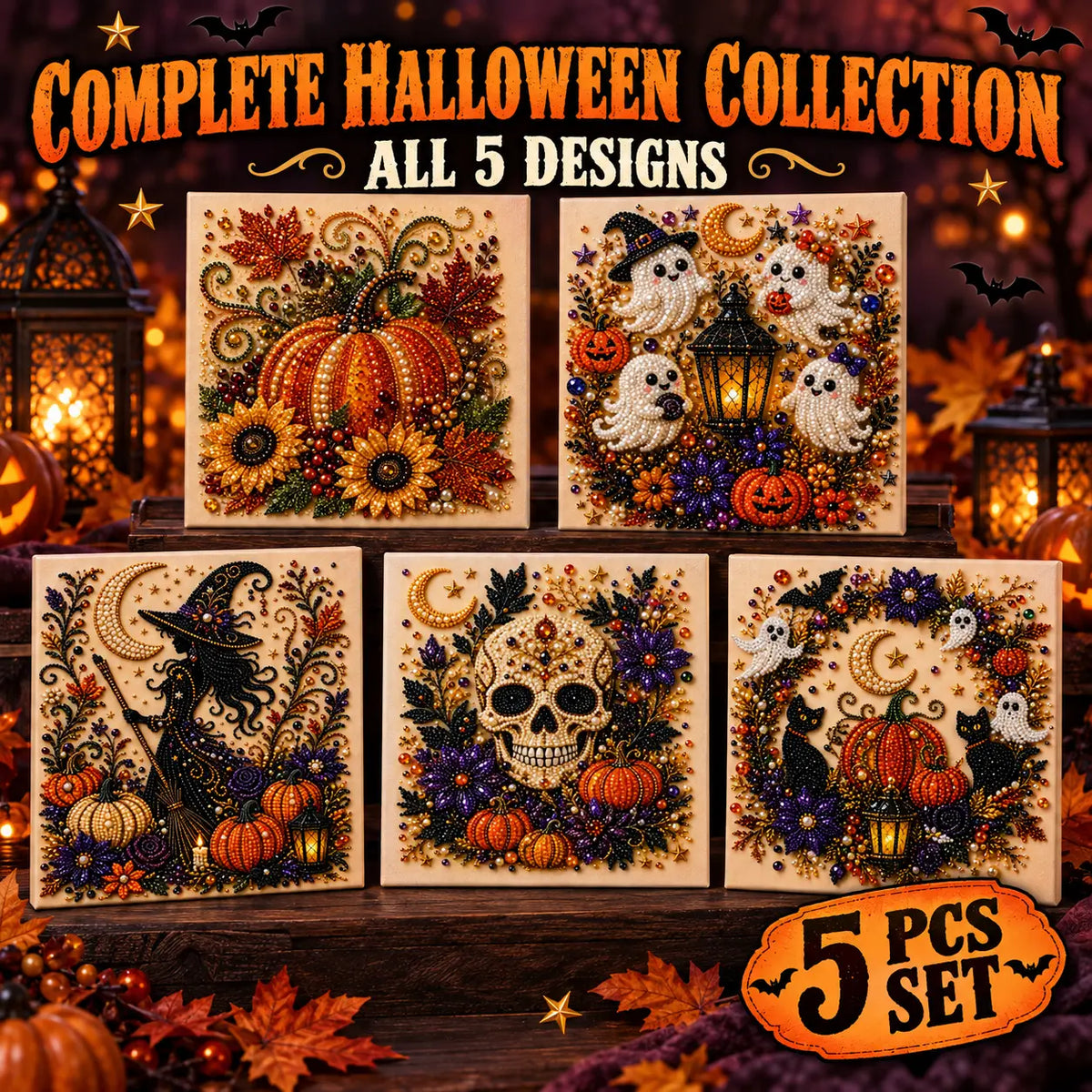 Halloween Diamond Painting Kit for Adults and Teens, 5D DIY Full Drill Diamond Art Craft with Canvas and Tools, Pumpkin Ghost Witch and Cat Halloween Wall Decor, Beginner-Friendly Gift, 8 X 8 Inch