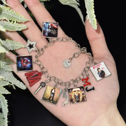 Music Inspired Michael Jackson Charm Bracelet, Vintage Link Chain Bracelet with Microphone, Jacket & Album Charms, Unisex Fan Gift, Back to School Jewelry Gift Fashion Woman