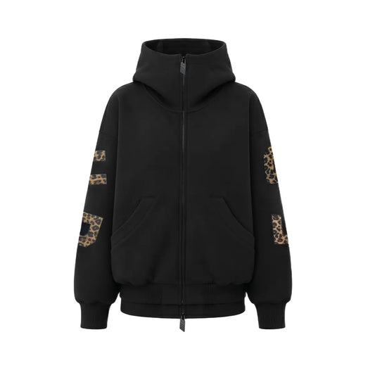 FDR Applique Letter Stand Collar Zip up Jacket & Leopard Panel Faux Two Piece Barrel Sweatpants Set Oversized Y2K Streetwear Unisex