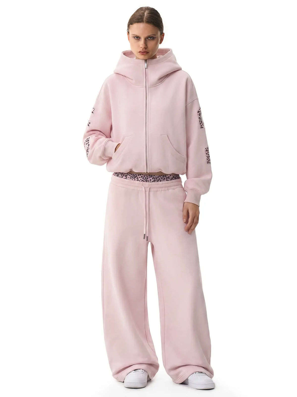 FDR Applique Letter Stand Collar Zip up Jacket & Leopard Panel Faux Two Piece Barrel Sweatpants Set Oversized Y2K Streetwear Unisex