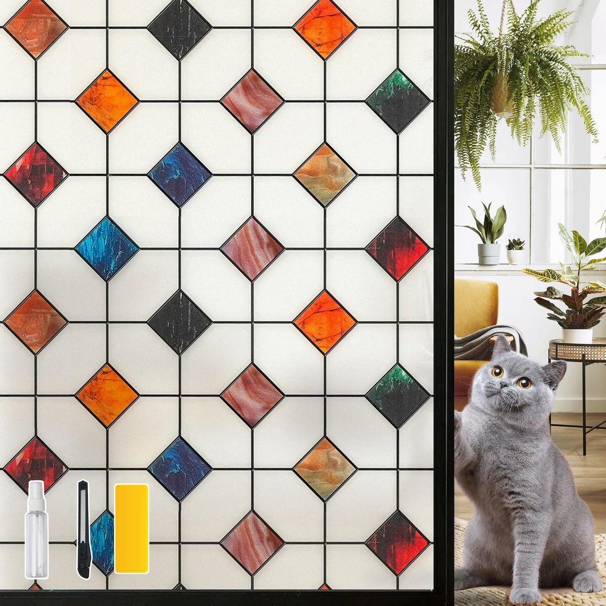 DKTIE 17.7" X 78.7" Agate Stone Lattice Pattern Stained Glass Privacy Window Film, Anti-Uv & Heat Blocking, Easy Install Electrostatic Cling, Deliver Installation Tools