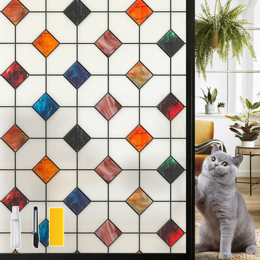 DKTIE 17.7" X 78.7" Agate Stone Lattice Pattern Stained Glass Privacy Window Film, Anti-Uv & Heat Blocking, Easy Install Electrostatic Cling, Deliver Installation Tools