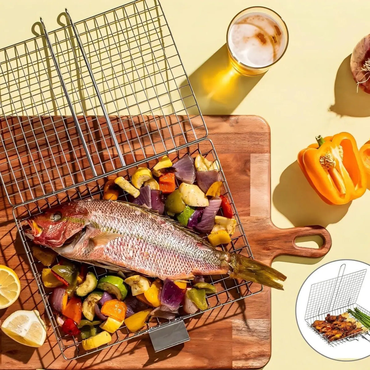 Rectangular Carbon Steel Outdoor BBQ Grill Net - Single Roomier Sheet Grid Rack with Handle, Thick Durable Barbecue Utensils for Home & Festive Supplies, Sohochic