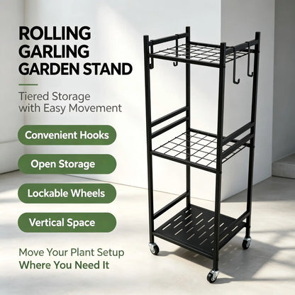 Black Outdoor Storage Cart Organizer - Sturdy Metal Steel Frame Garden Organizer Rack Shelf, Functional Single Unit with 4 Hooks, Holds up to 35 Long-Handled Tools for Yd/Garage, Complements Outdoor Spaces, Portable Adjustable Metal Racks Plant