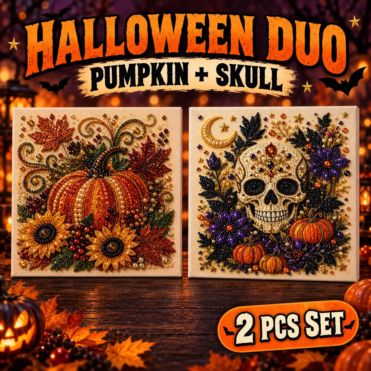 Halloween Diamond Painting Kit for Adults and Teens, 5D DIY Full Drill Diamond Art Craft with Canvas and Tools, Pumpkin Ghost Witch and Cat Halloween Wall Decor, Beginner-Friendly Gift, 8 X 8 Inch