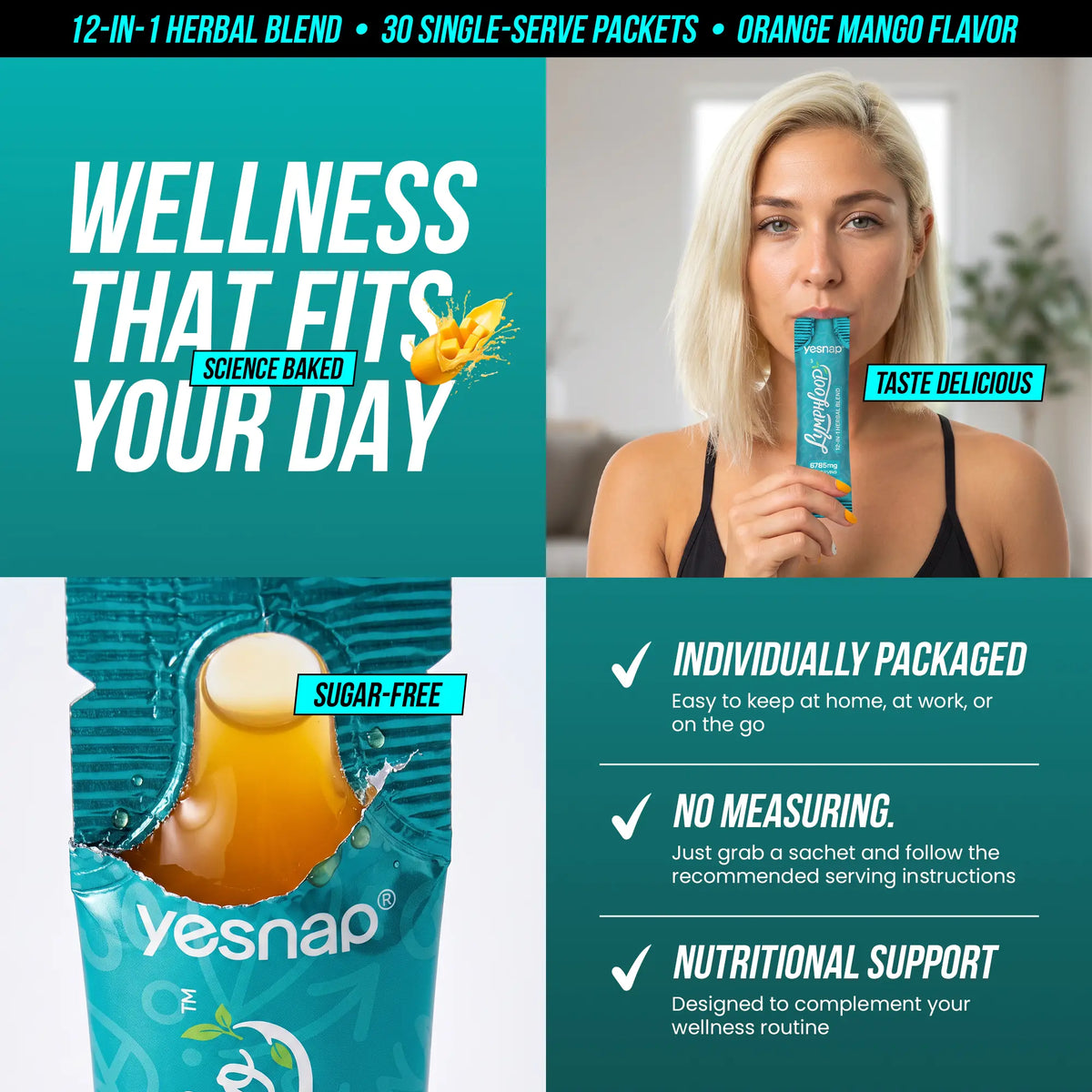 YESNAP Lymphatic Drainage Support – 12-In-1 Herbal Blend with Cleavers, Burdock Root, Dandelion & Echinacea, Debloat & Detox Drink, Sugar Free, Orange Mango, 30 Stick Packs