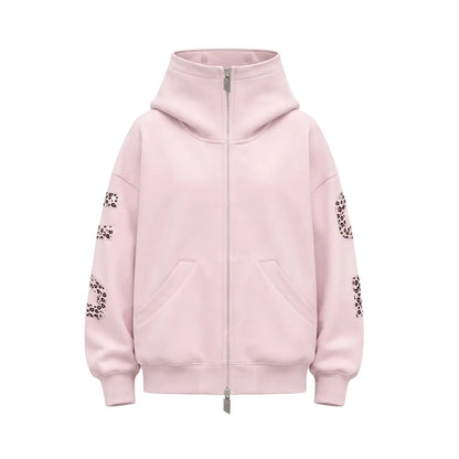 FDR Applique Letter Stand Collar Zip up Jacket & Leopard Panel Faux Two Piece Barrel Sweatpants Set Oversized Y2K Streetwear Unisex