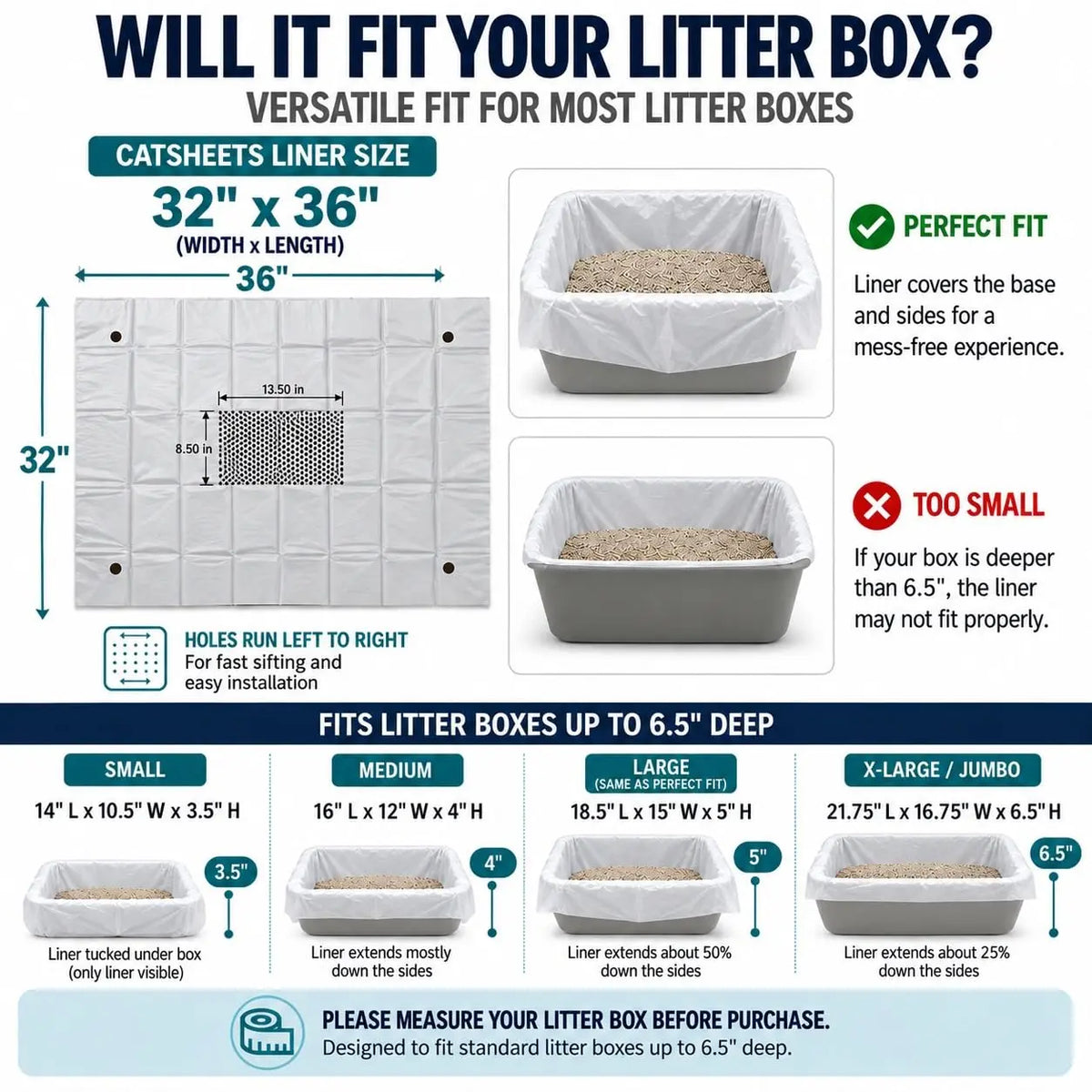 Catsheets Sifting Cat Litter Box Liners | 12 Sifting Disposable Liners with 1 Base - Tear Resistant, Odor-Control & Removable Liner - Fits Standard & Jumbo Boxes - Mess Free Pet Cleaning System for Multi-Cat Clumping & All Litter Types