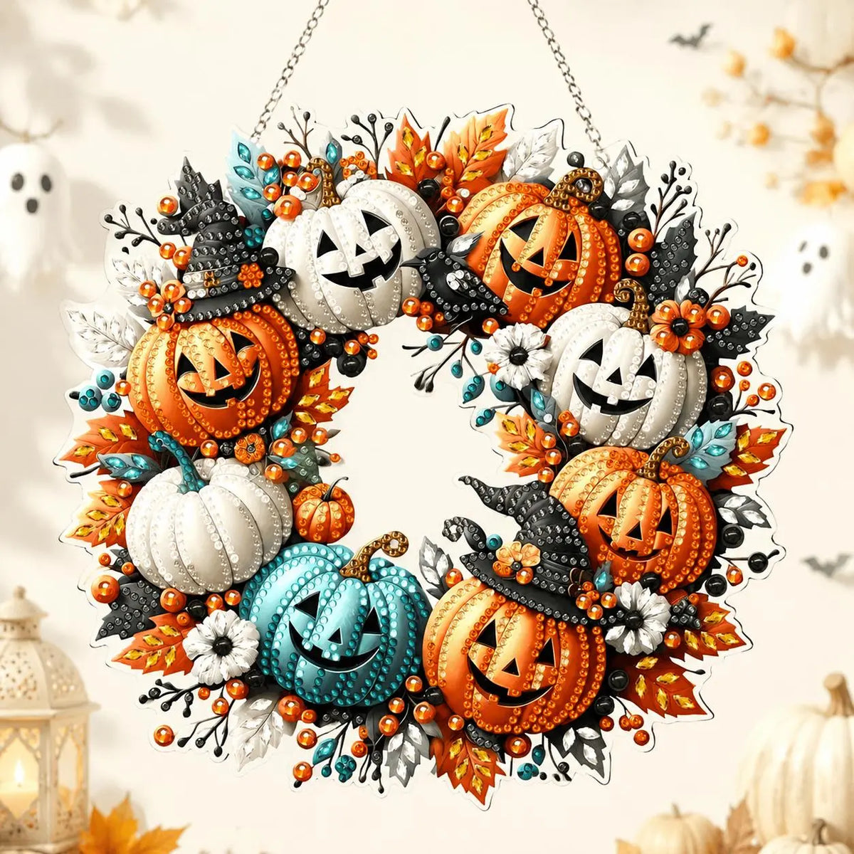 9.8In Shiny Acrylic Safe Diamond Art Hanging Suncatcher Kit - Witch, Black Cat, Ghost Reading, Pumpkin Designs - DIY Rhinestone Ornament, Wall, Outdoor Indoor Decorative, Cute Halloween Stuff, Ghost Decor Gift for Kids