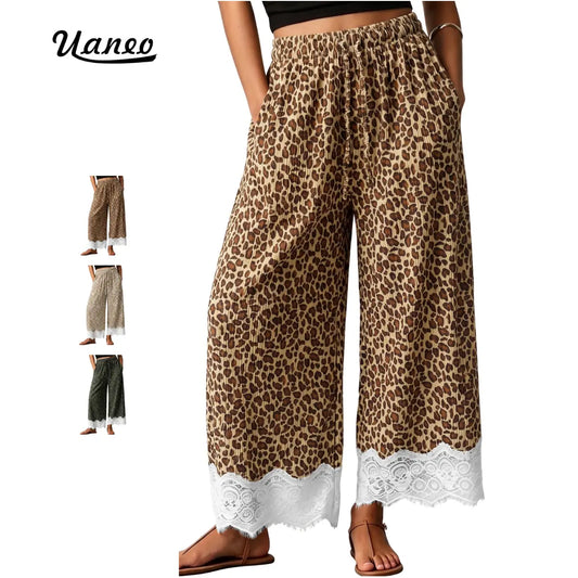UANEO Women'S Leopard Print Corduroy Wide Leg Cropped Pants, Elastic Drawstring High Waist Loose Culottes, White Lace Trim Hem Vintage Casual Baggy Trousers Y2K Streetwear