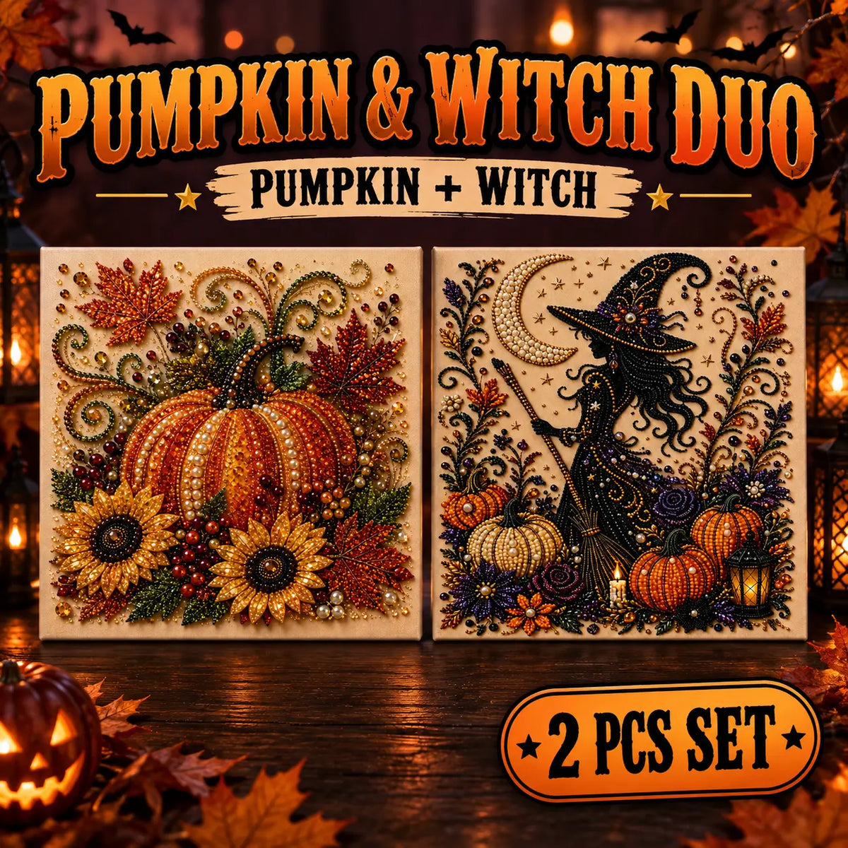 Halloween Diamond Painting Kit for Adults and Teens, 5D DIY Full Drill Diamond Art Craft with Canvas and Tools, Pumpkin Ghost Witch and Cat Halloween Wall Decor, Beginner-Friendly Gift, 8 X 8 Inch