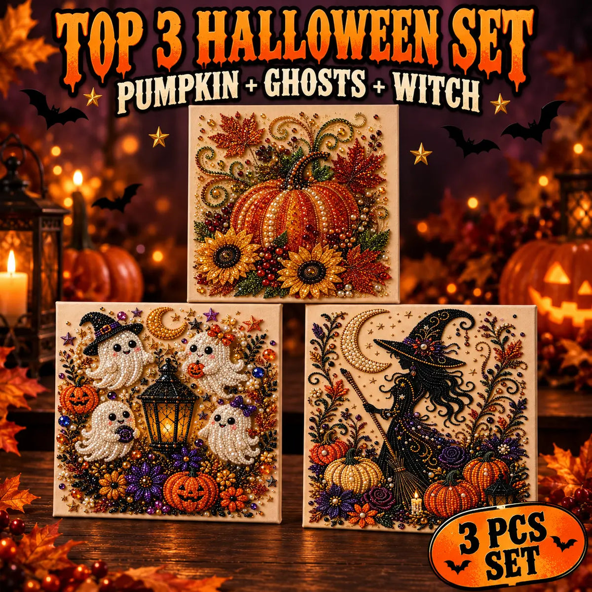Halloween Diamond Painting Kit for Adults and Teens, 5D DIY Full Drill Diamond Art Craft with Canvas and Tools, Pumpkin Ghost Witch and Cat Halloween Wall Decor, Beginner-Friendly Gift, 8 X 8 Inch