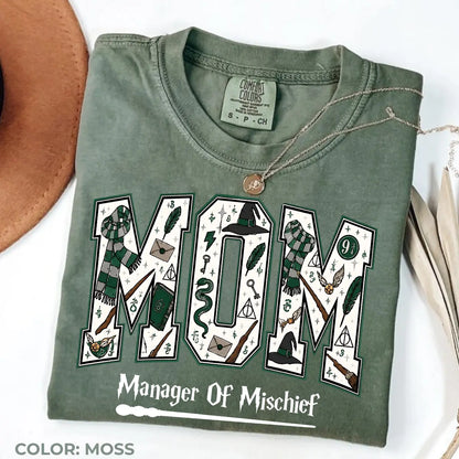 Comfort Colors Mom Manager of Mischief Shirt, Magical Wizard Mom Graphic Tee, Fantasy Halloween Family T-Shirt, Wizard Mom Gift