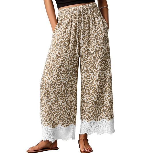 UANEO Women'S Leopard Print Corduroy Wide Leg Cropped Pants, Elastic Drawstring High Waist Loose Culottes, White Lace Trim Hem Vintage Casual Baggy Trousers Y2K Streetwear