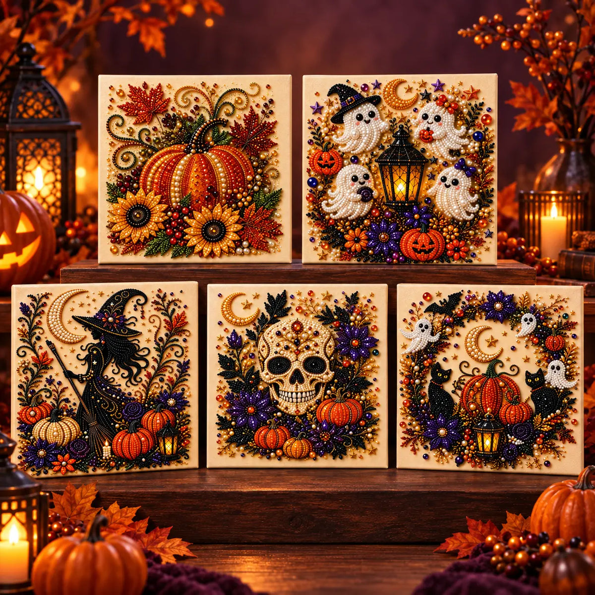 Halloween Diamond Painting Kit for Adults and Teens, 5D DIY Full Drill Diamond Art Craft with Canvas and Tools, Pumpkin Ghost Witch and Cat Halloween Wall Decor, Beginner-Friendly Gift, 8 X 8 Inch