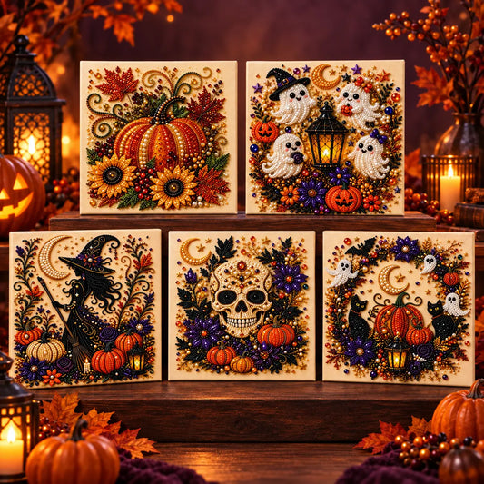 Halloween Diamond Painting Kit for Adults and Teens, 5D DIY Full Drill Diamond Art Craft with Canvas and Tools, Pumpkin Ghost Witch and Cat Halloween Wall Decor, Beginner-Friendly Gift, 8 X 8 Inch