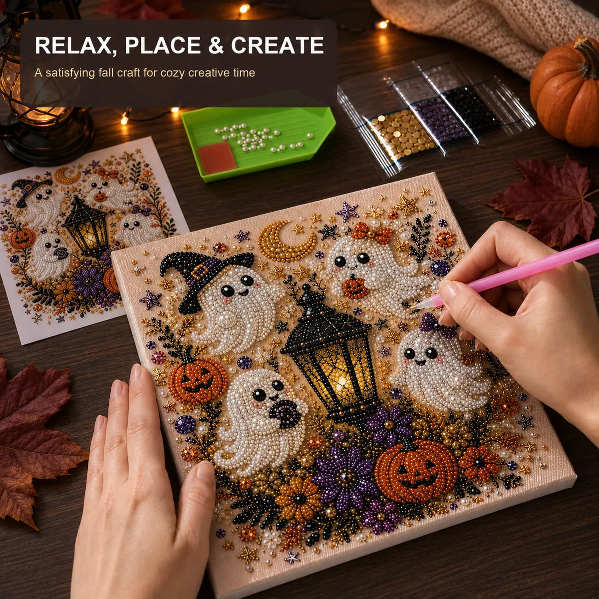 Halloween Diamond Painting Kit for Adults and Teens, 5D DIY Full Drill Diamond Art Craft with Canvas and Tools, Pumpkin Ghost Witch and Cat Halloween Wall Decor, Beginner-Friendly Gift, 8 X 8 Inch