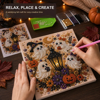 Halloween Diamond Painting Kit for Adults and Teens, 5D DIY Full Drill Diamond Art Craft with Canvas and Tools, Pumpkin Ghost Witch and Cat Halloween Wall Decor, Beginner-Friendly Gift, 8 X 8 Inch