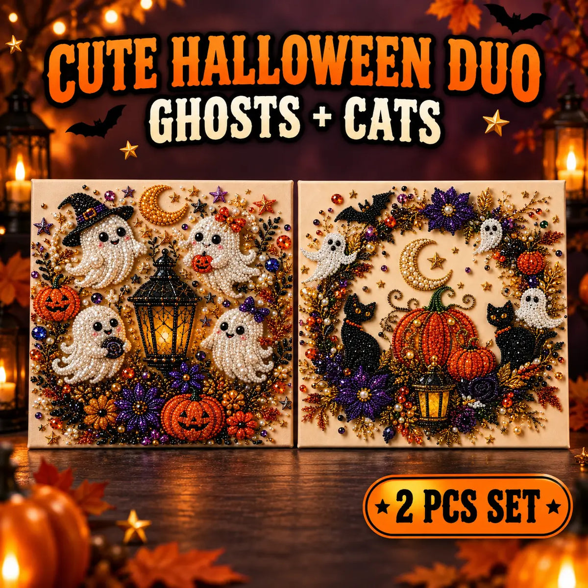 Halloween Diamond Painting Kit for Adults and Teens, 5D DIY Full Drill Diamond Art Craft with Canvas and Tools, Pumpkin Ghost Witch and Cat Halloween Wall Decor, Beginner-Friendly Gift, 8 X 8 Inch