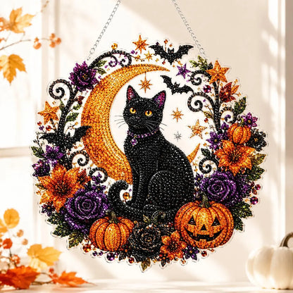 9.8In Shiny Acrylic Safe Diamond Art Hanging Suncatcher Kit - Witch, Black Cat, Ghost Reading, Pumpkin Designs - DIY Rhinestone Ornament, Wall, Outdoor Indoor Decorative, Cute Halloween Stuff, Ghost Decor Gift for Kids
