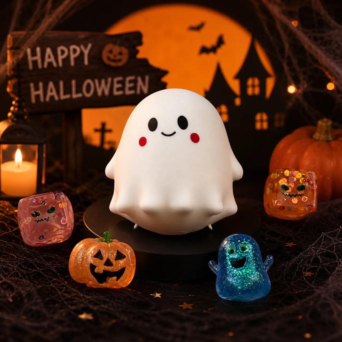 5 PCS Halloween Squishy Fun Box Sensory Toys, Slow Rising Ghost & Malt Sugar Texture Glitter Pumpkin Squishies, Soft Stretchy Squeeze Fidget Toys for Stress Relief, Halloween Gifts & Goodie Bag Stuffers, Kids Adults Trick or Treat Party Favors Backtoschoo