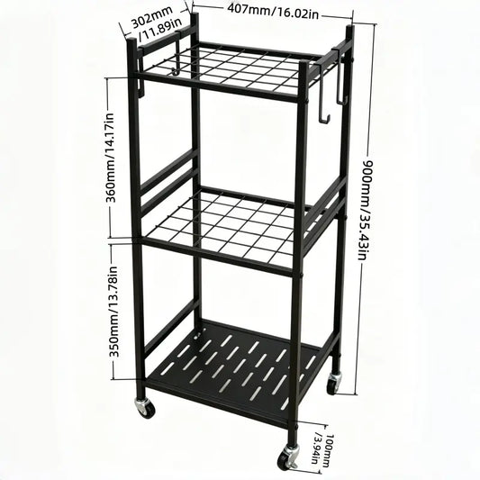 Black Outdoor Storage Cart Organizer - Sturdy Metal Steel Frame Garden Organizer Rack Shelf, Functional Single Unit with 4 Hooks, Holds up to 35 Long-Handled Tools for Yd/Garage, Complements Outdoor Spaces, Portable Adjustable Metal Racks Plant