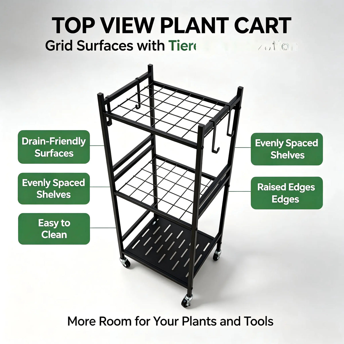 Black Outdoor Storage Cart Organizer - Sturdy Metal Steel Frame Garden Organizer Rack Shelf, Functional Single Unit with 4 Hooks, Holds up to 35 Long-Handled Tools for Yd/Garage, Complements Outdoor Spaces, Portable Adjustable Metal Racks Plant