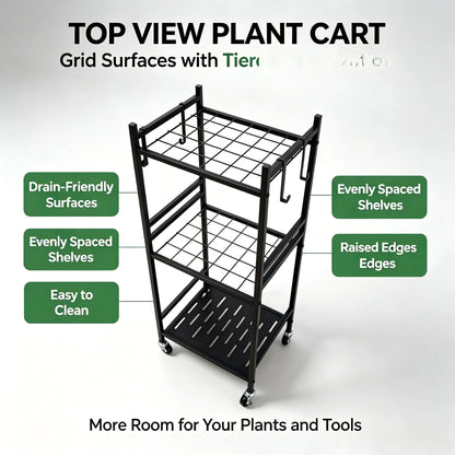 Black Outdoor Storage Cart Organizer - Sturdy Metal Steel Frame Garden Organizer Rack Shelf, Functional Single Unit with 4 Hooks, Holds up to 35 Long-Handled Tools for Yd/Garage, Complements Outdoor Spaces, Portable Adjustable Metal Racks Plant