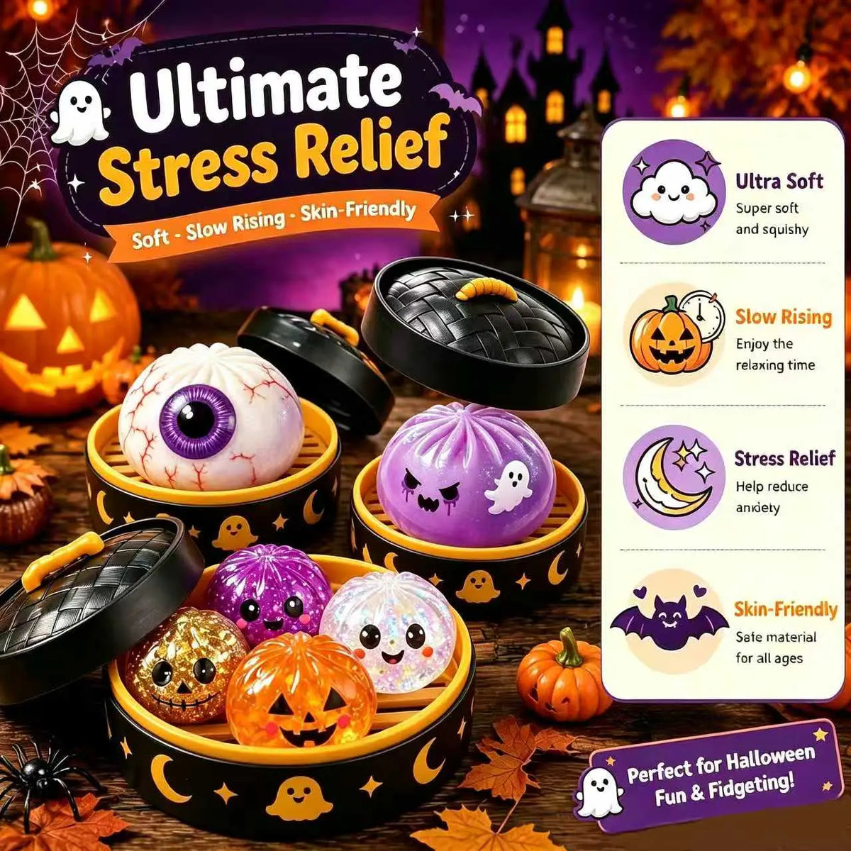 Cute Scary Ghost Maruko Squishy Squeeze Toy Set - Soft Stretchy Squeeze, Stress Relief Fidgets, Mini Portable Kids Toy, Halloween Squishies, Cute Halloween Stuff, Party Treat Bag Filler, Sohochic